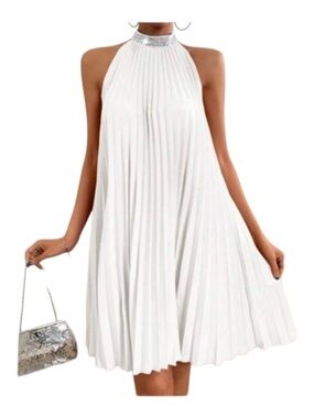 White Pleated Halter Swing Dress with Sequin Collar  | Elegant and Flowy